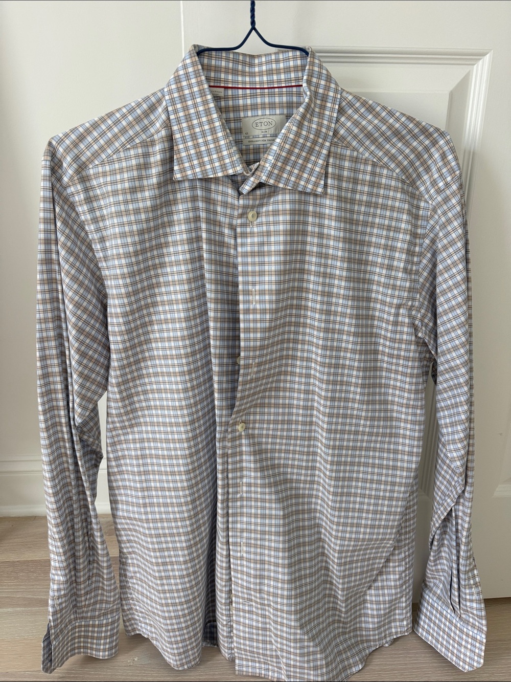 Eton Men's Light Blue and Brown Checked Dress Shirt